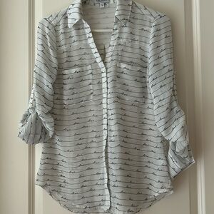 EXPRESS womens The Portofino Shirt LOVE graphic sheer button down Vneck size XS